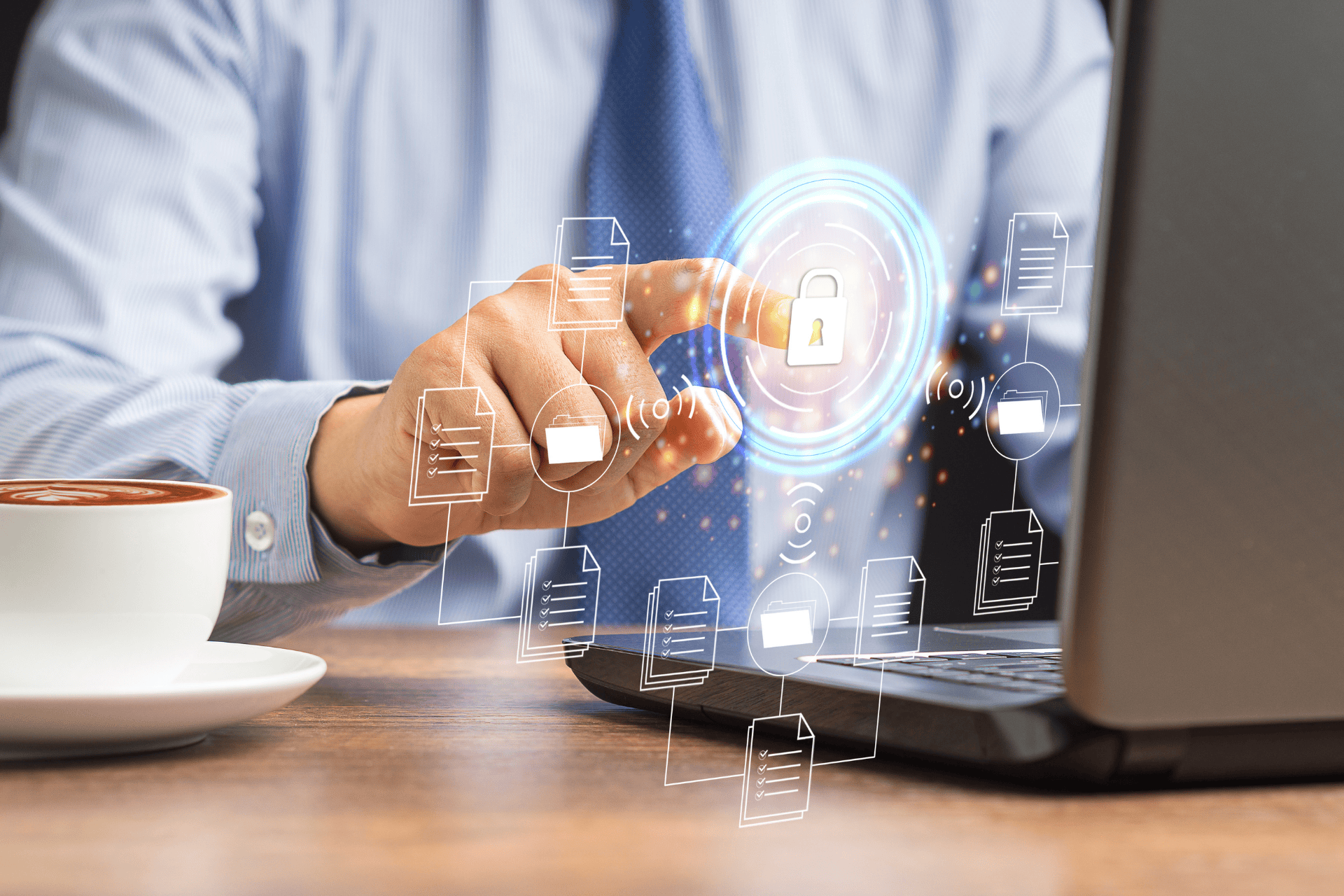 Person touching a virtual lock icon on a laptop screen, representing digital data security.