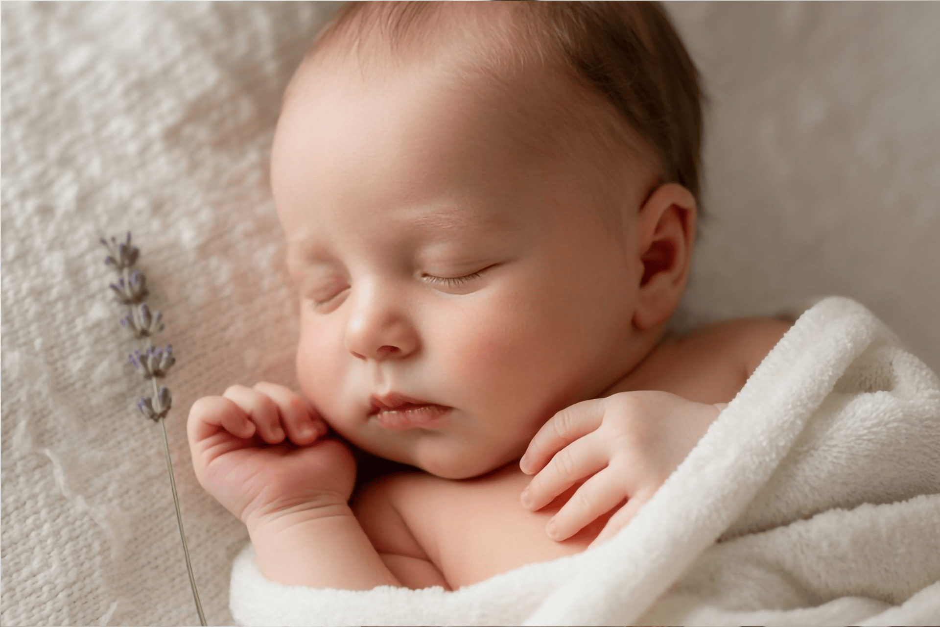 Newborn baby sleeping peacefully wrapped in a soft white blanket.