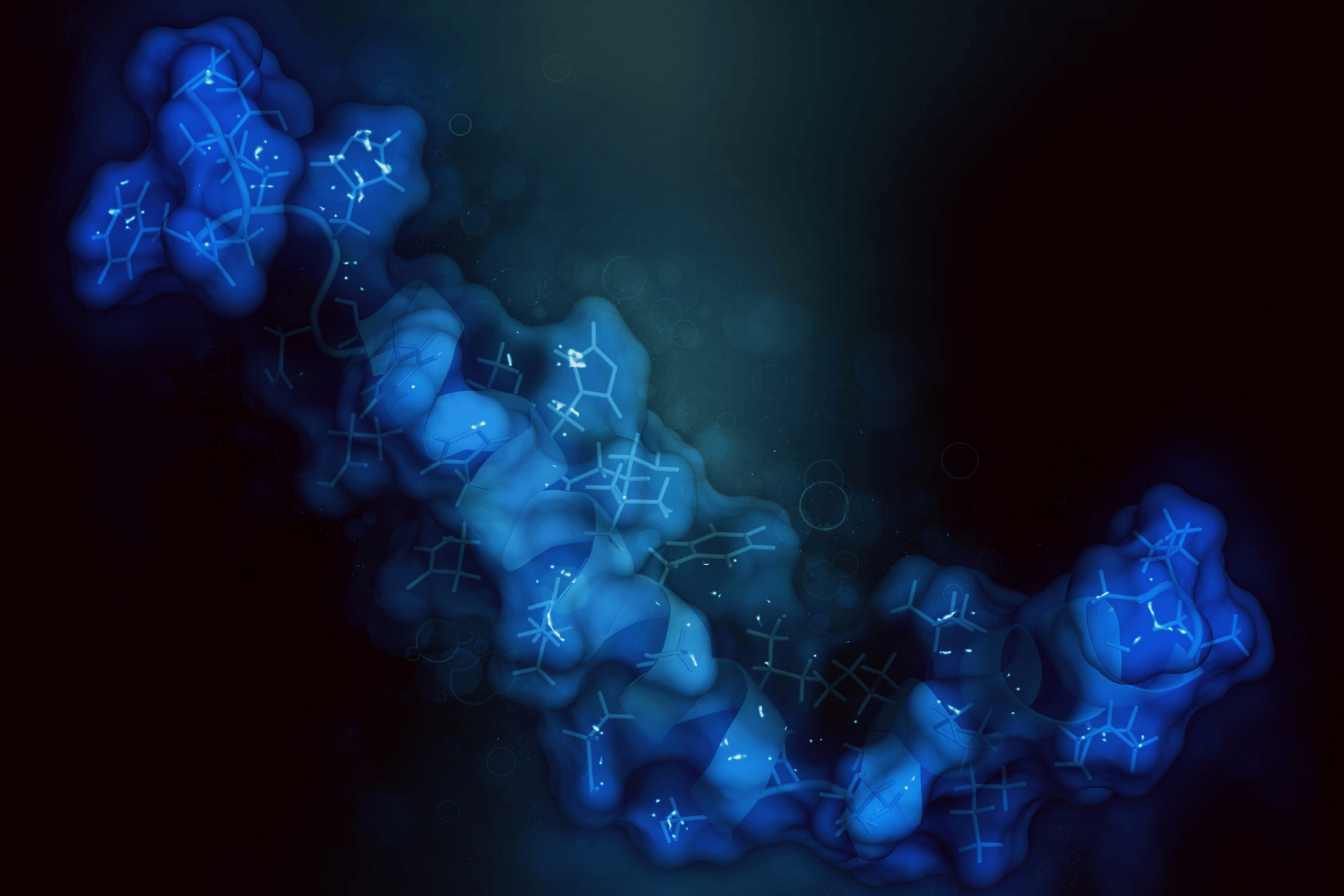 Abstract blue 3D illustration of a GLP-1 hormone molecule on a dark background.