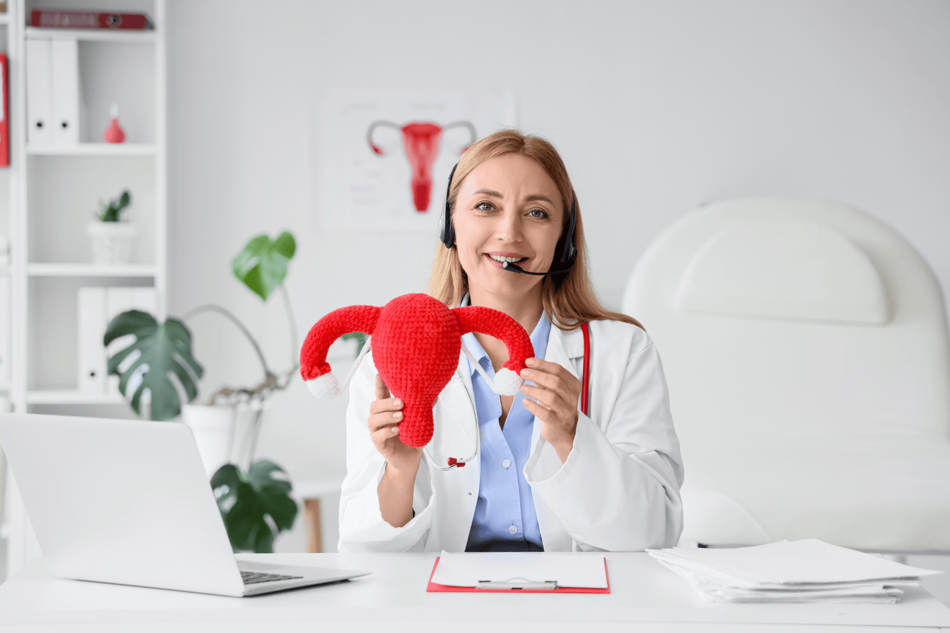 Female doctor on a video call holding a red crochet uterus model.