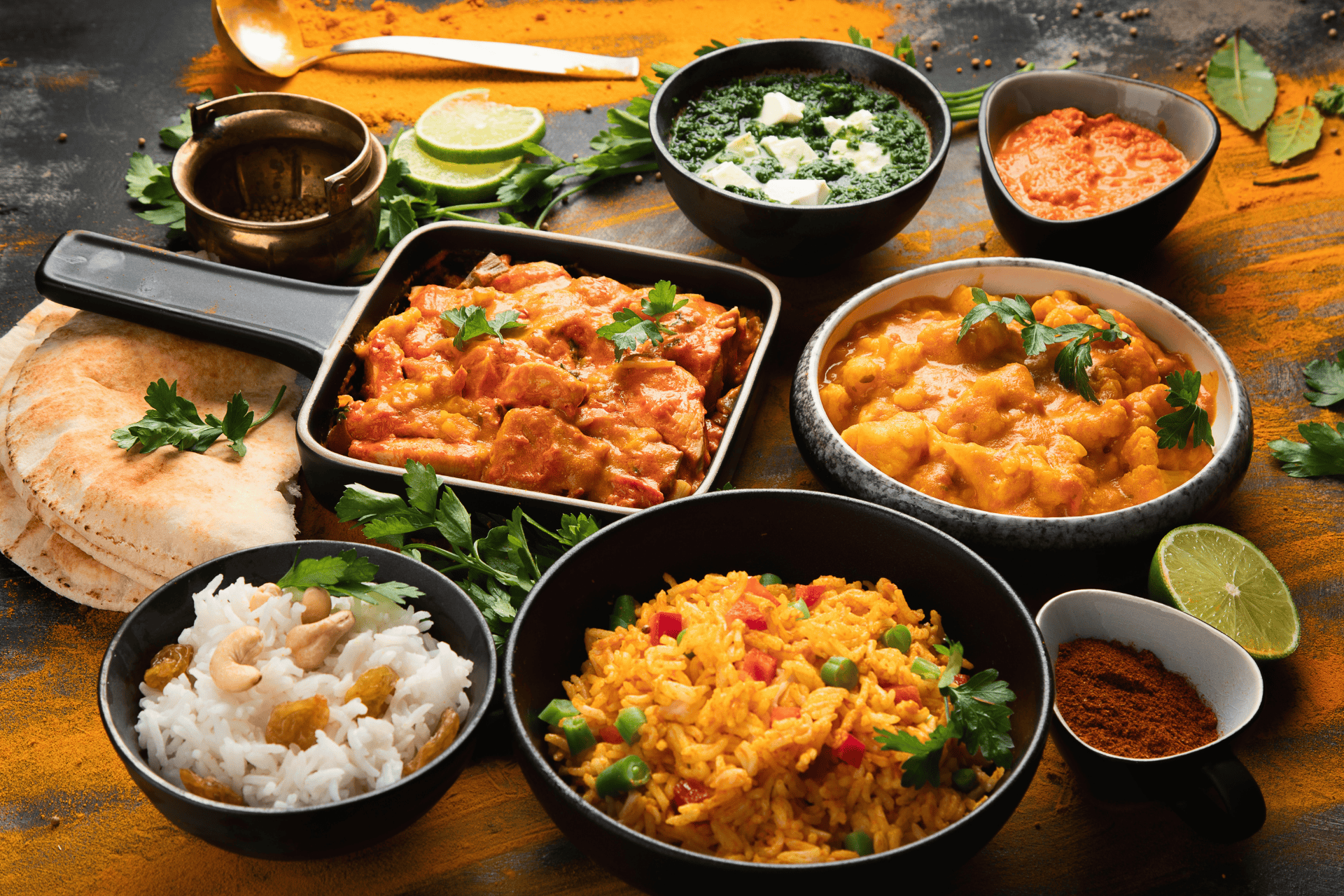 Assorted Indian dishes, including rice, curry, naan, and spices, arranged on a table.