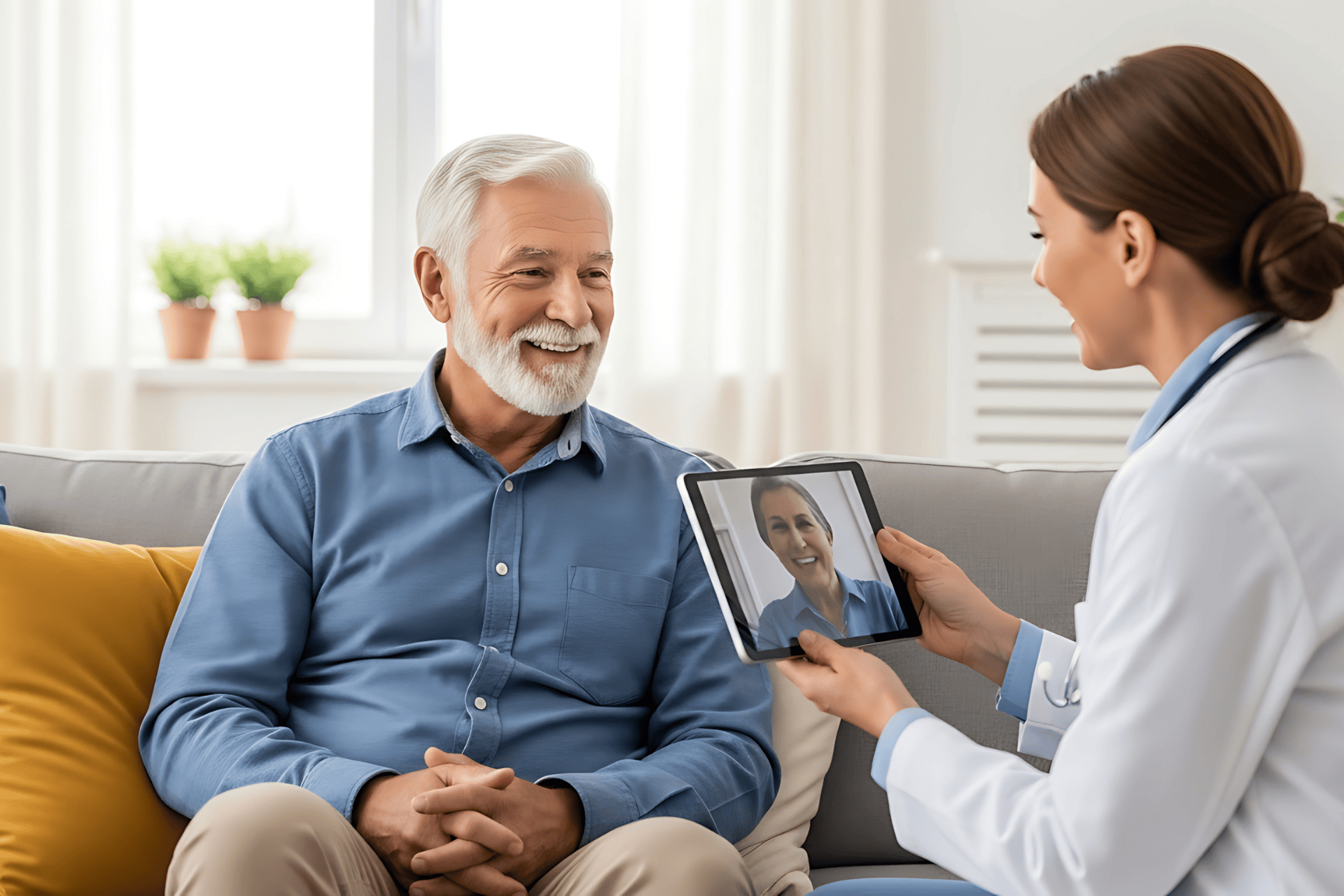 Doctor holding a tablet to show a telehealth video call to an older man sitting on a couch.