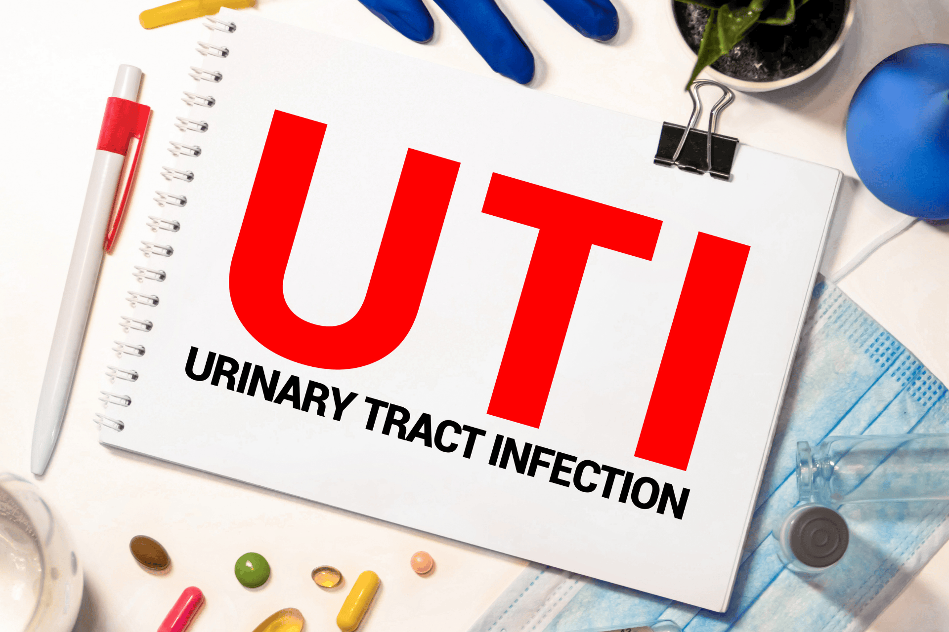 Notebook with large red letters spelling UTI and the words urinary tract infection.