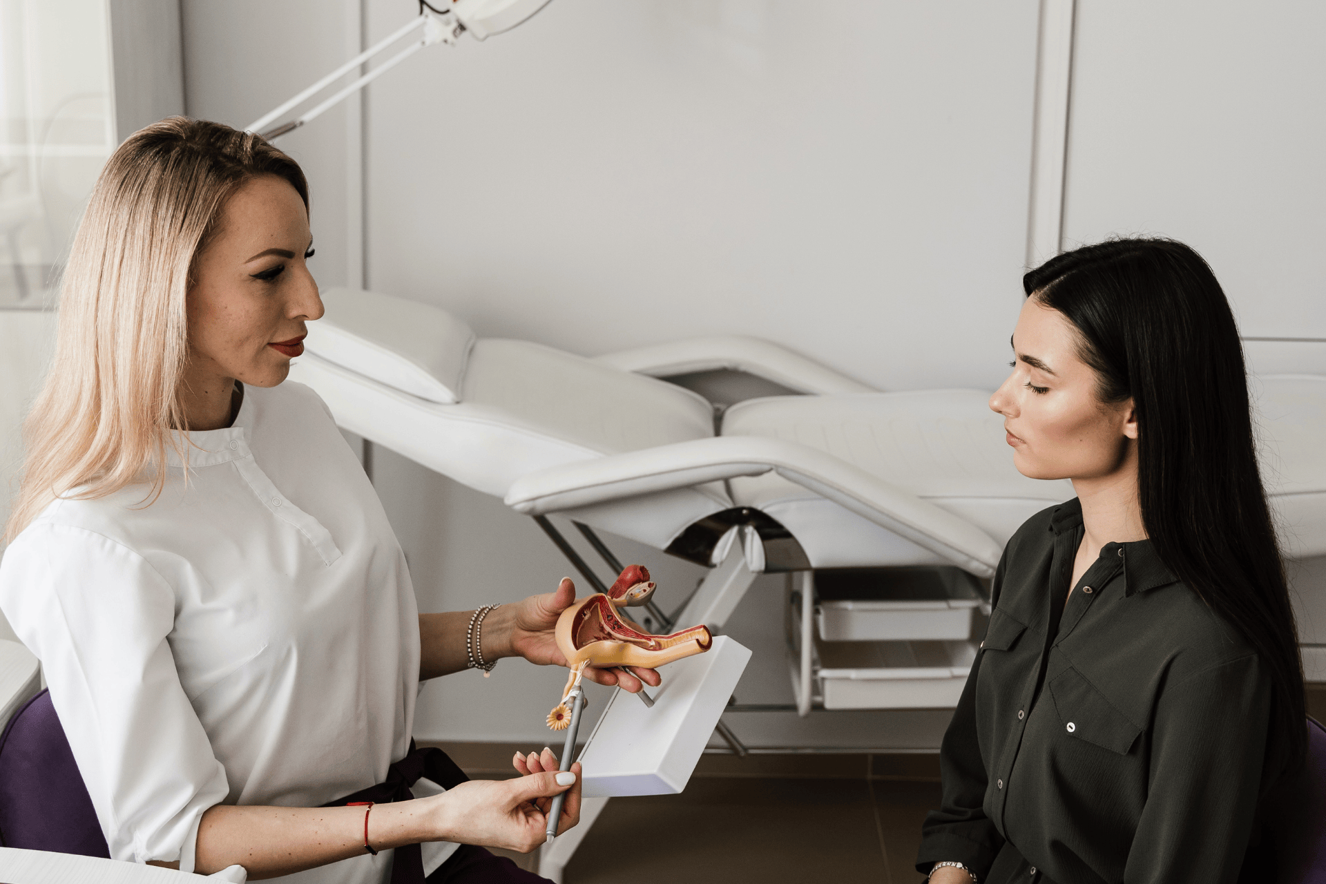 Gynecologist showing a uterine model to a patient while discussing an IUD.
