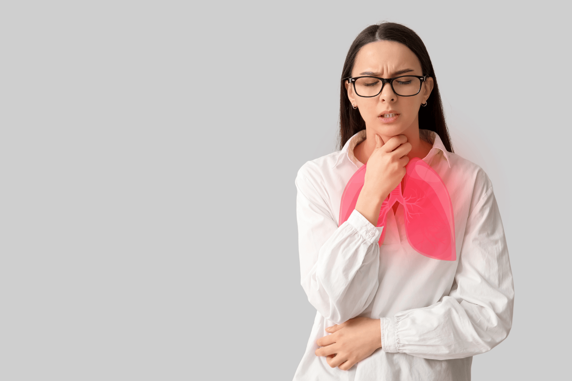 Woman touching her throat with a pained expression, with illustrated red lungs over her chest to represent bronchitis.