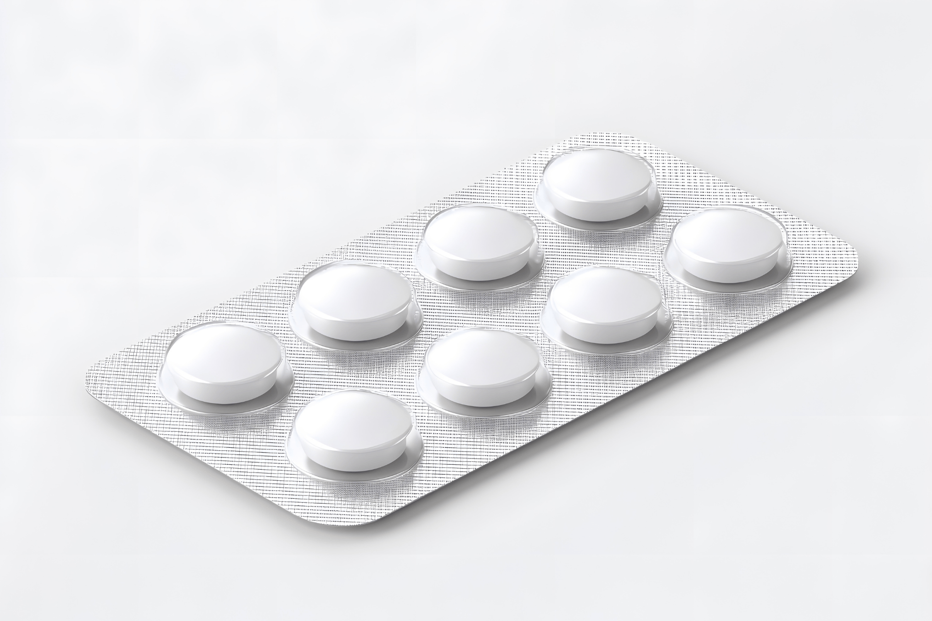 Blister pack containing round white tablets on a light background.