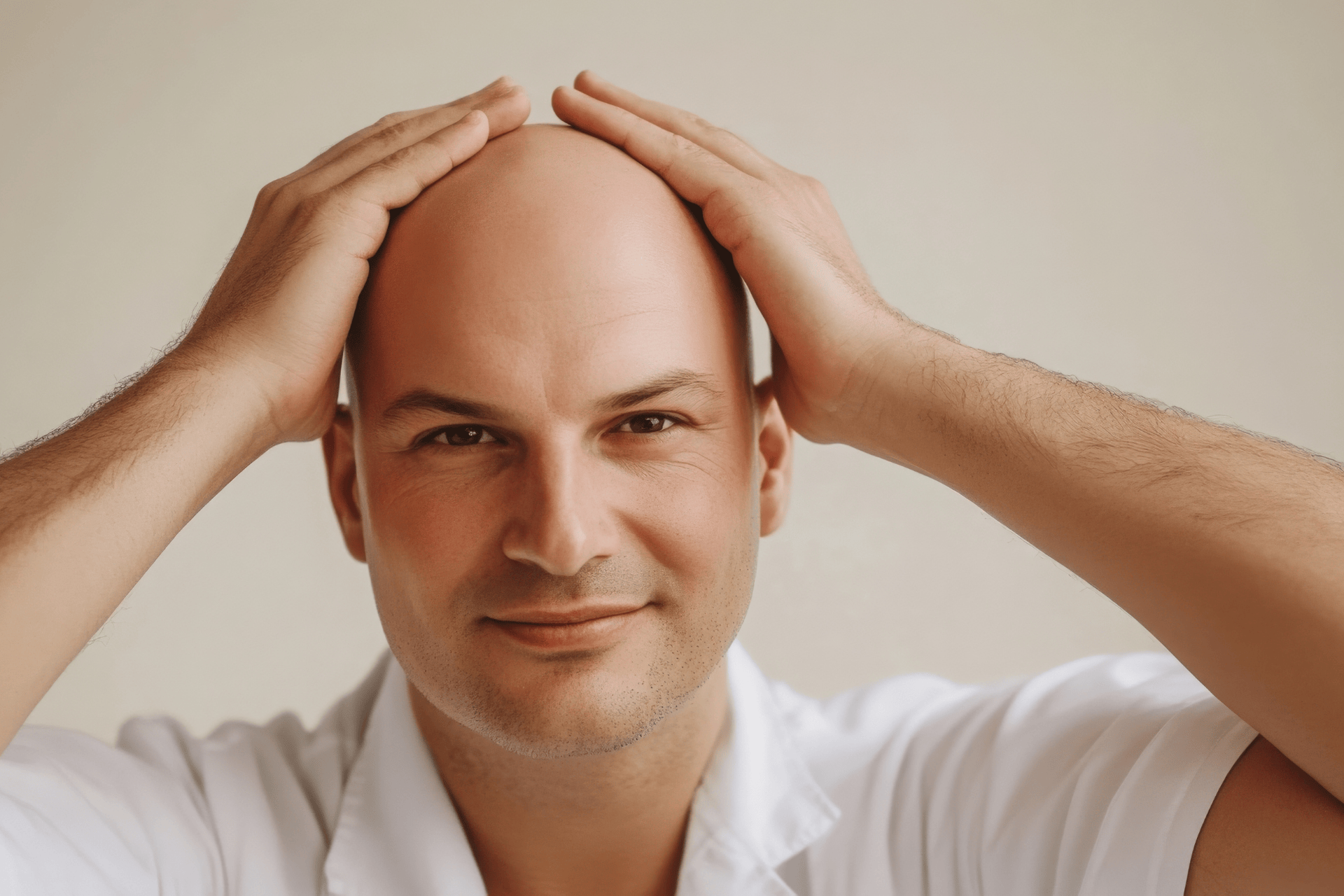 Smiling bald man touching the top of his head with both hands.