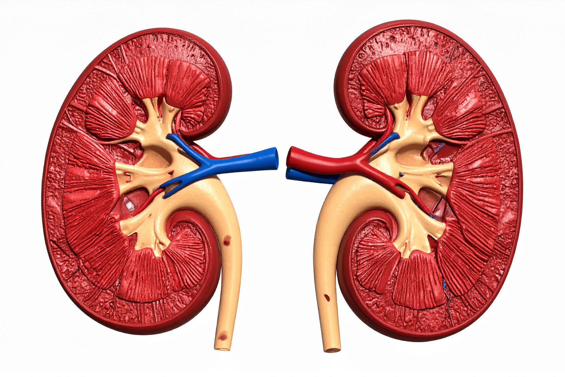 Anatomical model of two human kidneys in cross-section, showing internal structures, blood vessels, and ureters.