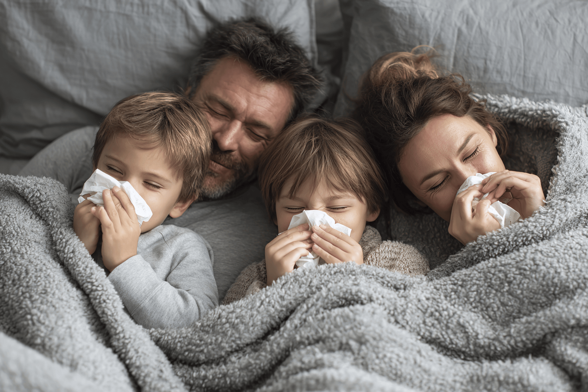Family lying in bed under blankets, with parents and children holding tissues, showing flu symptoms.