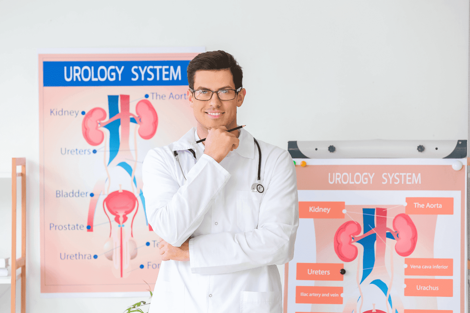 Urologist standing in front of anatomical urology system charts, smiling with arms crossed.