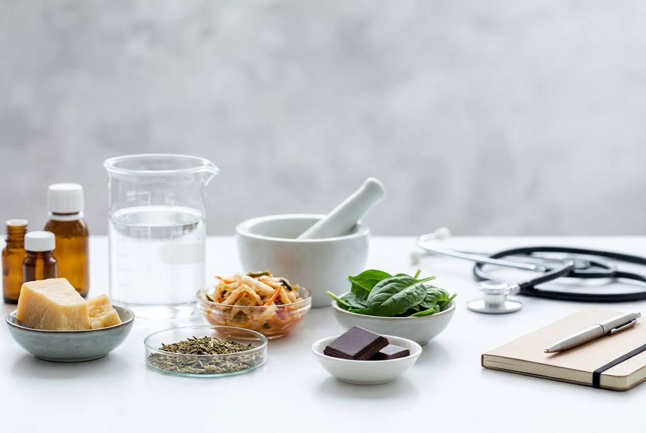 Various foods and medical items, like a beaker, mortar, and stethoscope, on a white surface.