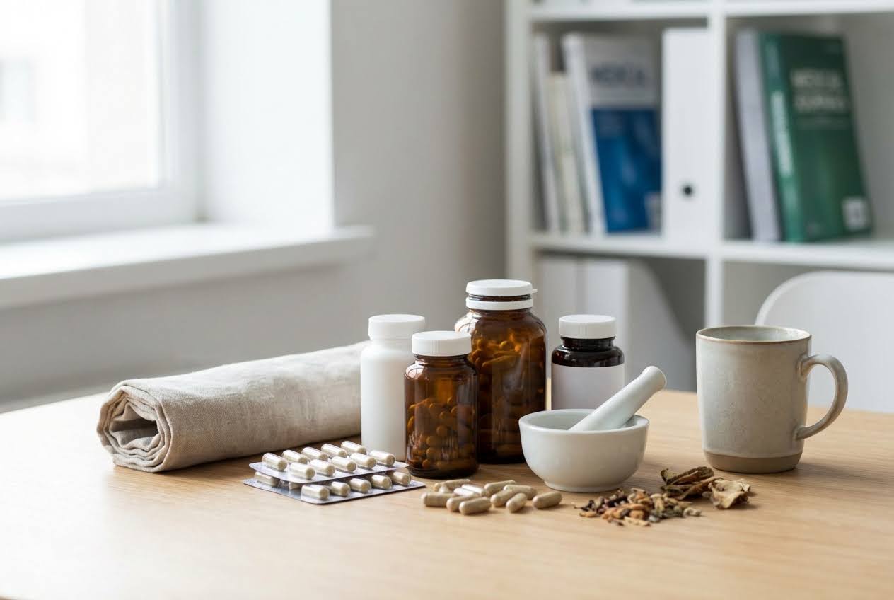 Various supplement bottles, blister packs, loose capsules, a mortar and pestle, and dried herbs on a wooden table.