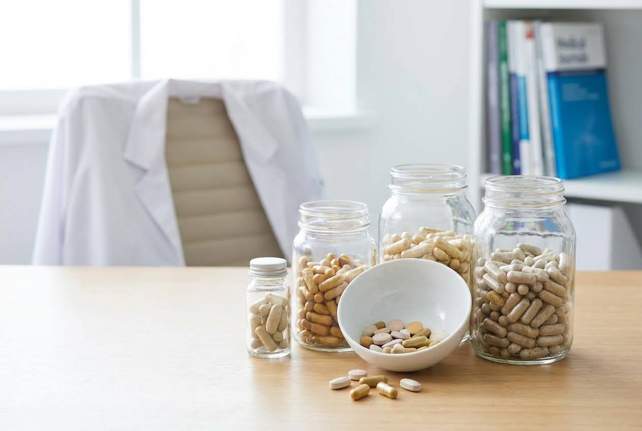Various vitamin pills in jars and a bowl on a wooden table, with a white lab coat on a chair in the background.