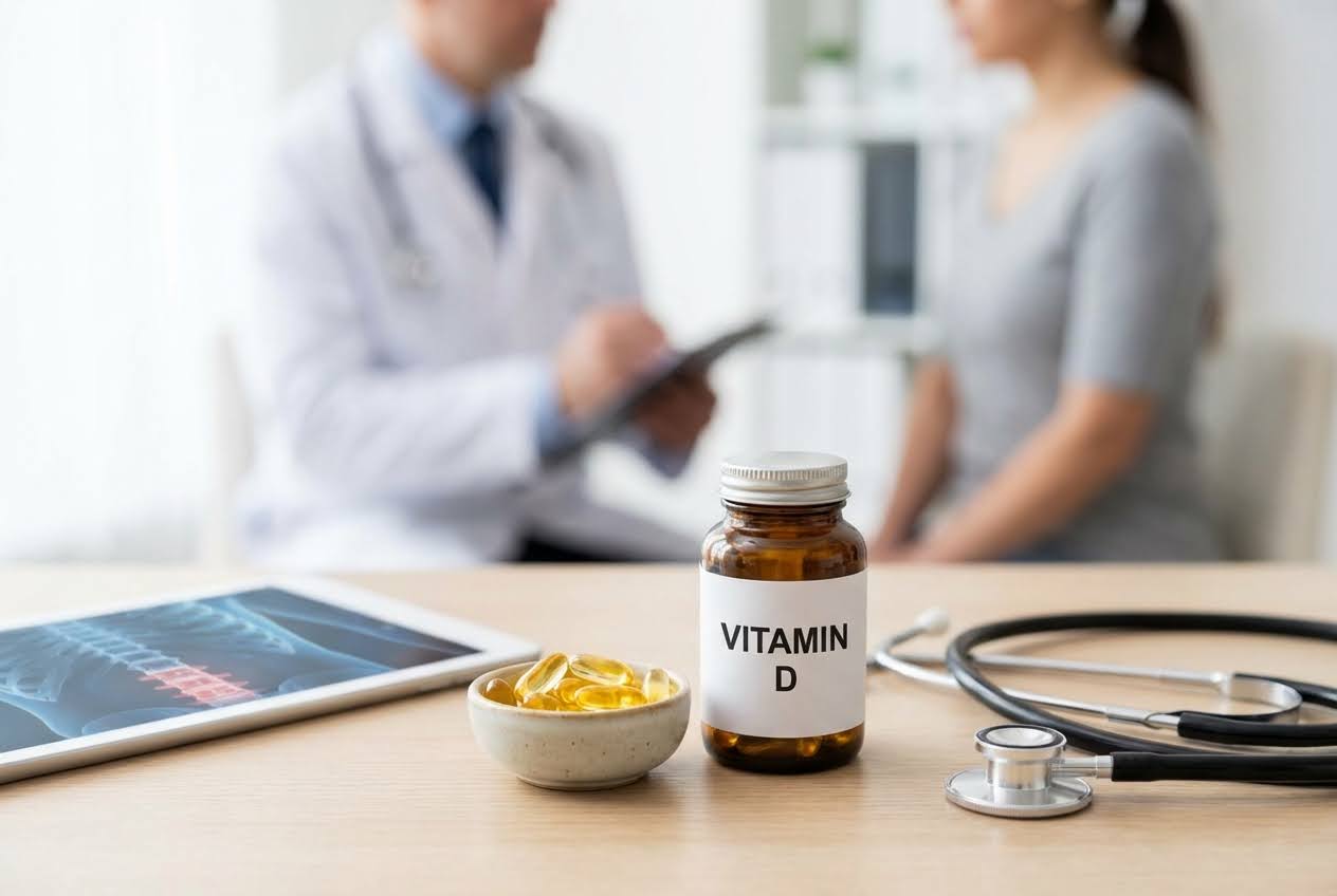 Vitamin D bottle and pills on a desk with a doctor, patient, tablet showing a spine, and a stethoscope in the background.