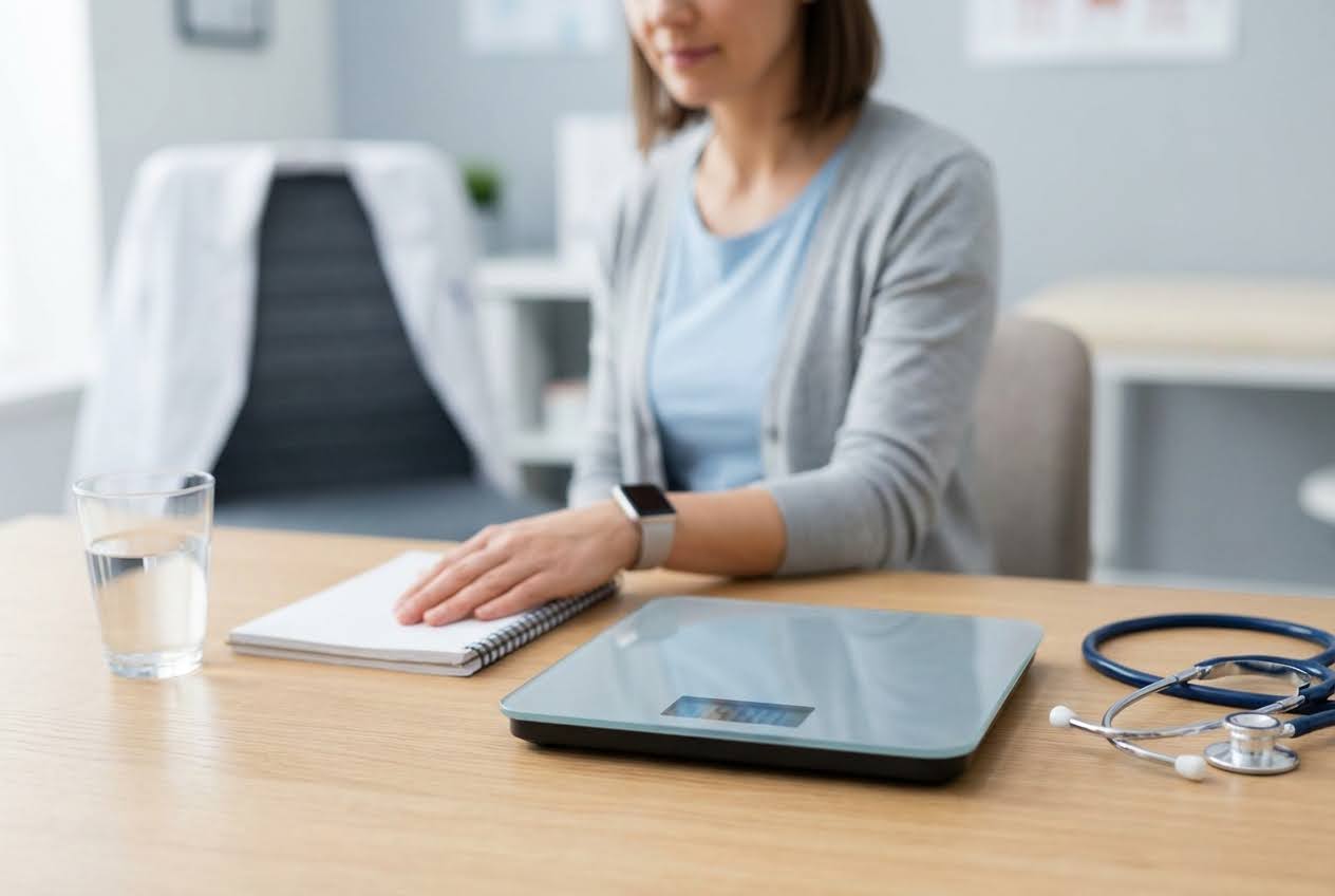 Woman at a doctor's office with a scale, notebook, water, and stethoscope on a wooden table.