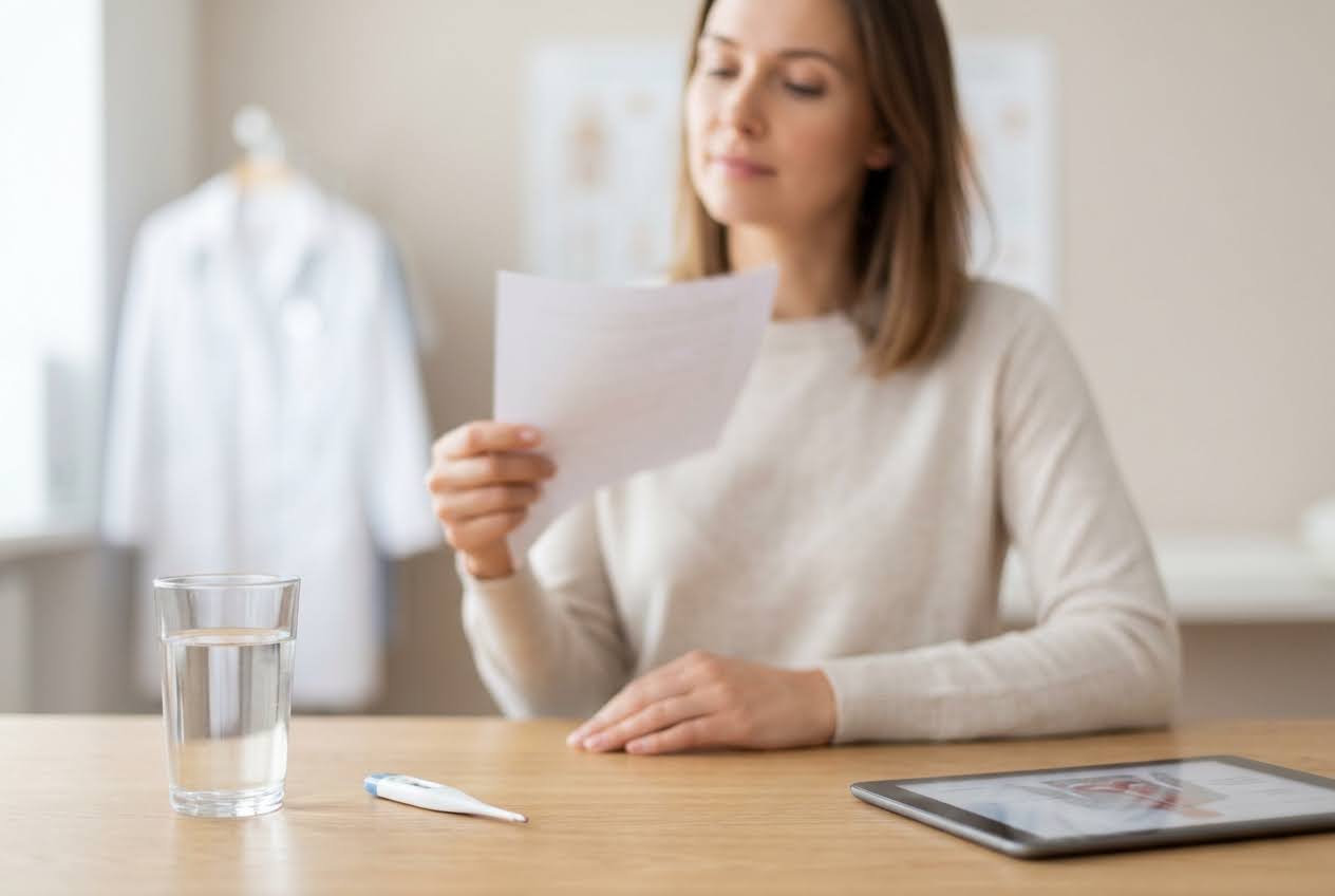 Woman fanning herself with paper at a doctor's office, with a glass of water, thermometer, and tablet on the table.
