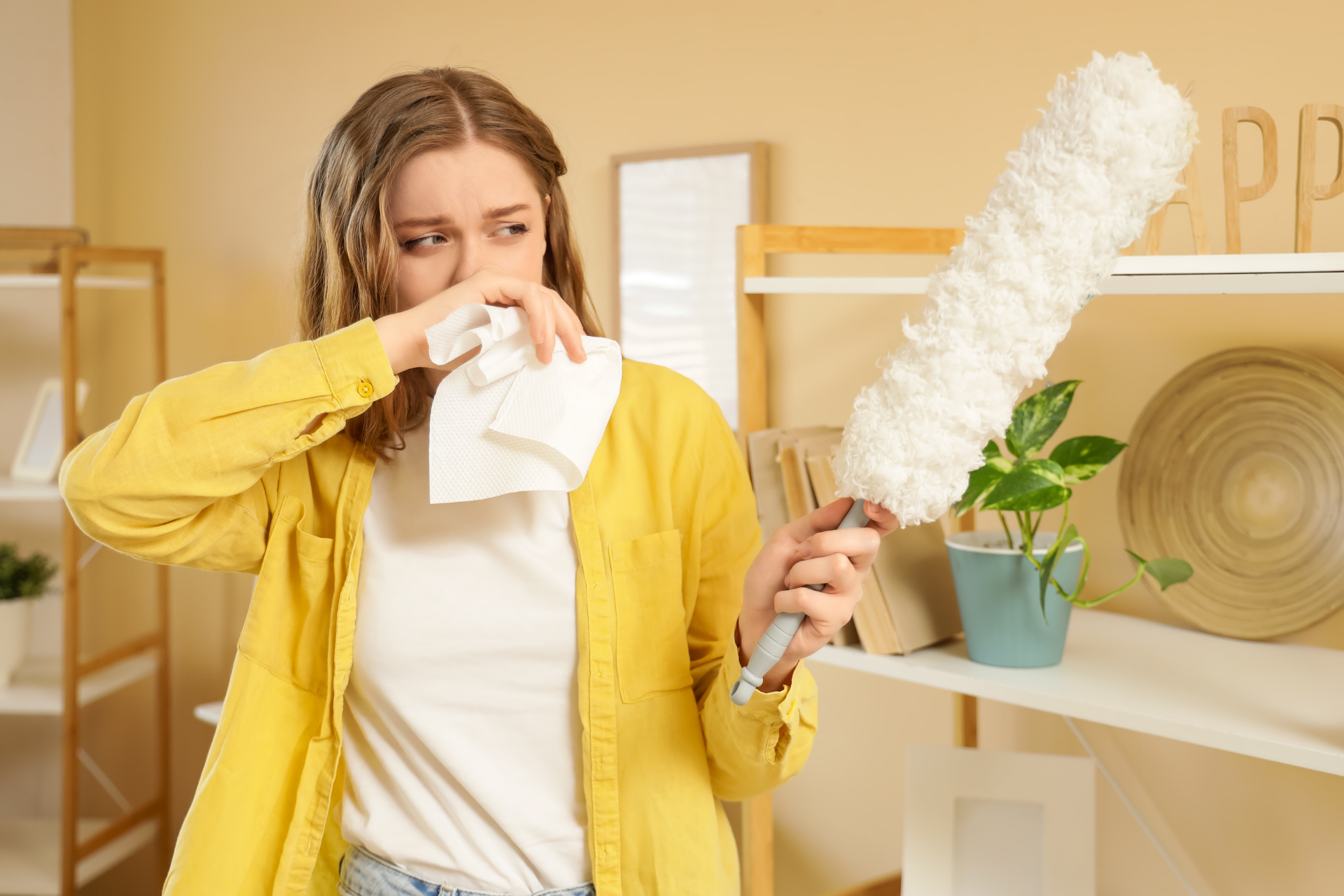 Woman holding a tissue and a duster, appearing to have allergy symptoms while cleaning