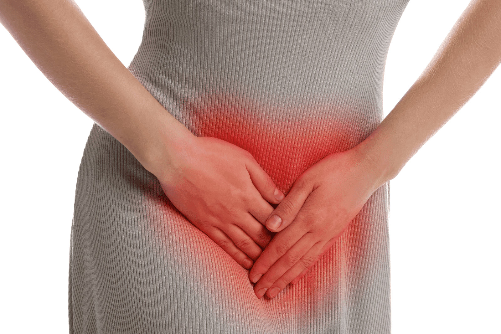 Woman holding lower abdomen with red highlight indicating pain.