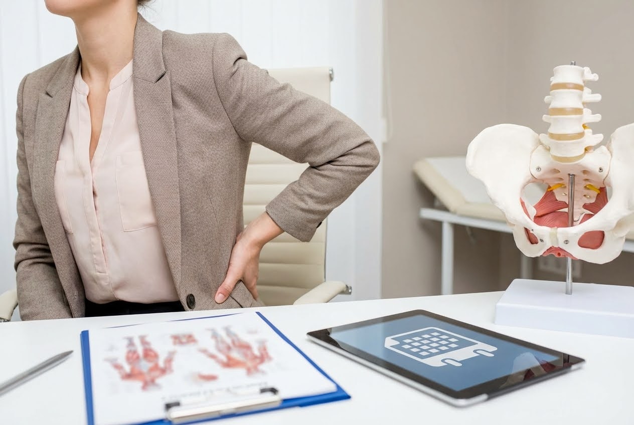 Woman in a blazer holding her lower back, with a skeletal pelvis model and a tablet showing a calendar on a desk.
