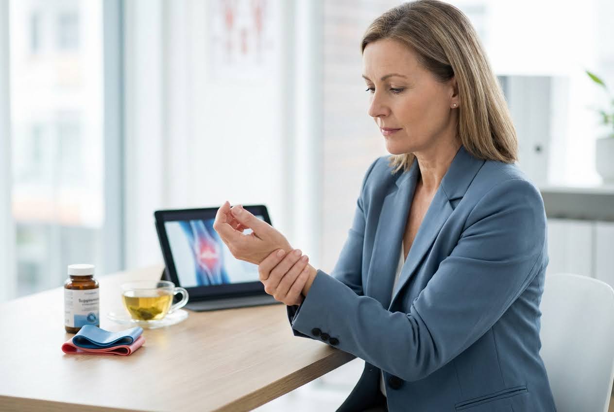 Woman in a blue blazer holding her wrist in pain, with a tablet showing a knee joint and supplements on the table.