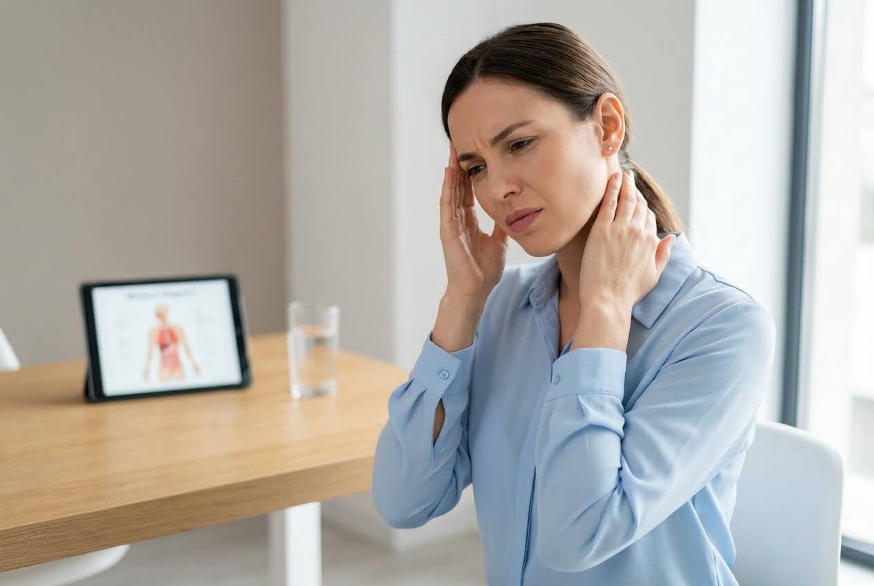 Woman in a blue shirt holding her head and neck in pain, with a tablet showing human anatomy on a wooden desk