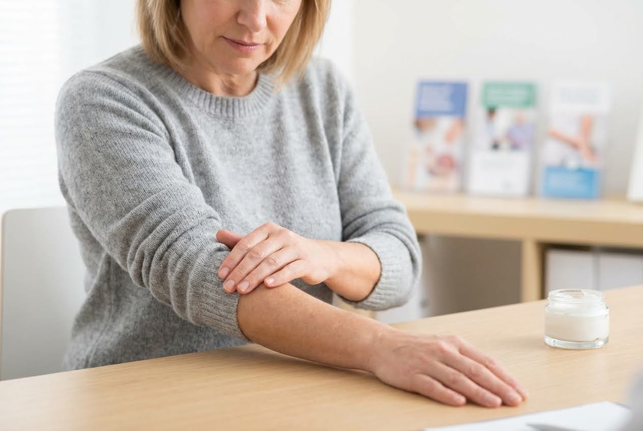 Woman in a gray sweater applying cream to her arm, with a jar of cream on a light wooden table.