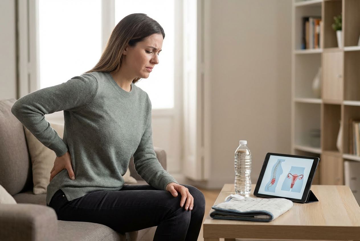Woman in a gray sweater sitting on a couch, clutching her lower back in pain, with a tablet showing a spine and uterus on a table.