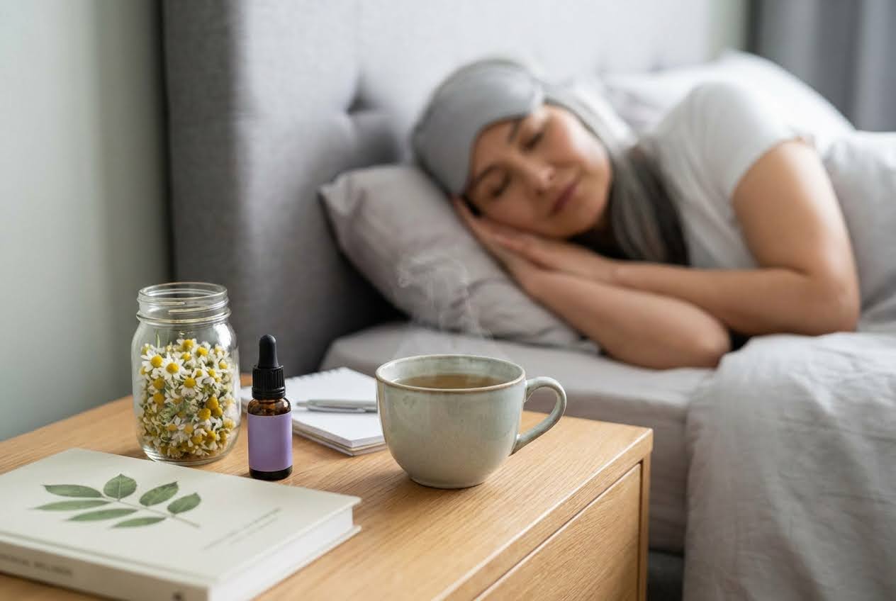 Woman in a sleep mask sleeping in bed next to a nightstand with chamomile, essential oil, and a steaming cup of tea.