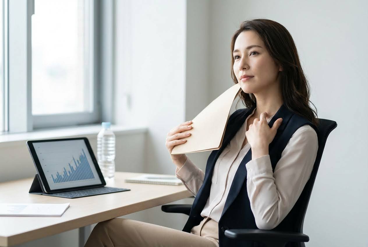 A woman in an office fanning herself with a folder, looking warm, with a tablet and water bottle on her desk.