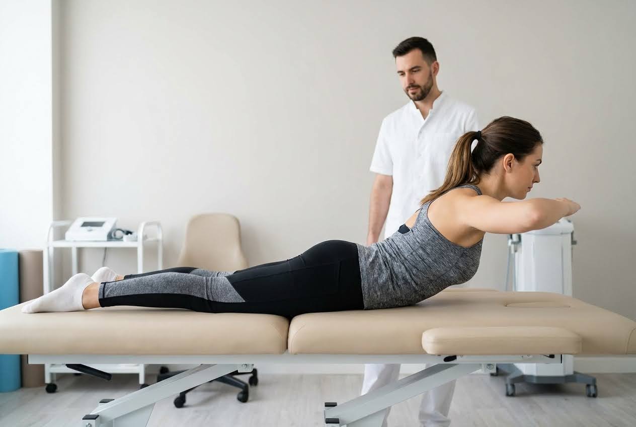 Woman in athletic wear doing a back extension on a beige exam table, supervised by a male physical therapist.
