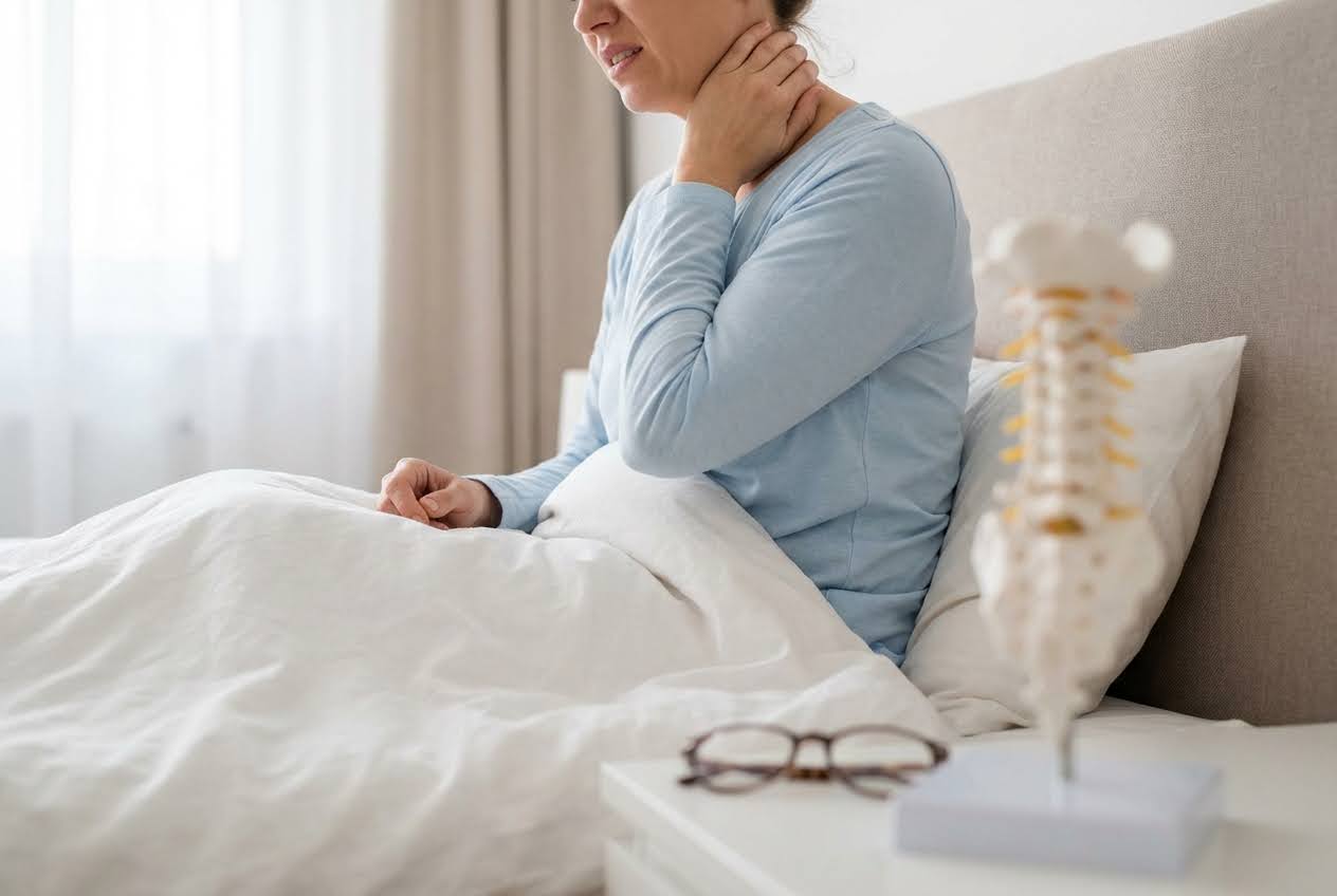 Woman in bed clutching her neck in pain, with a spine model and glasses on a nightstand