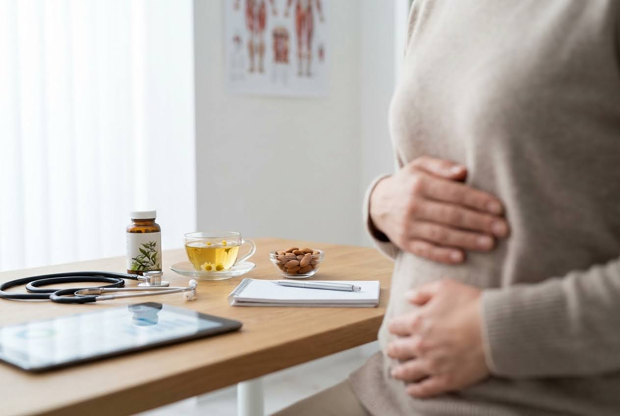 Woman in beige sweater holding her stomach, with herbal tea, supplements, and a stethoscope on a wooden table.