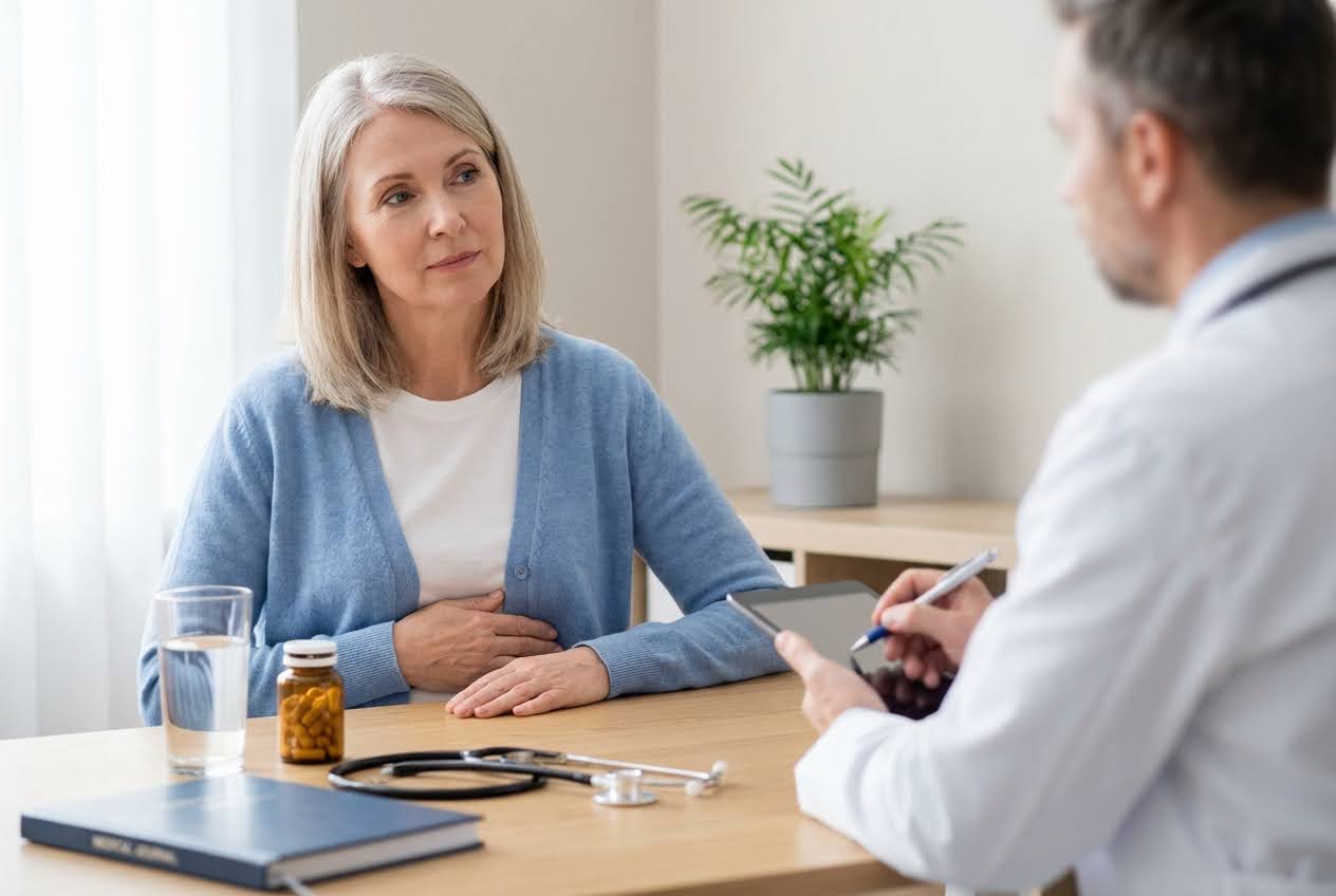 Woman in blue cardigan holding her stomach while talking to a doctor writing on a tablet.