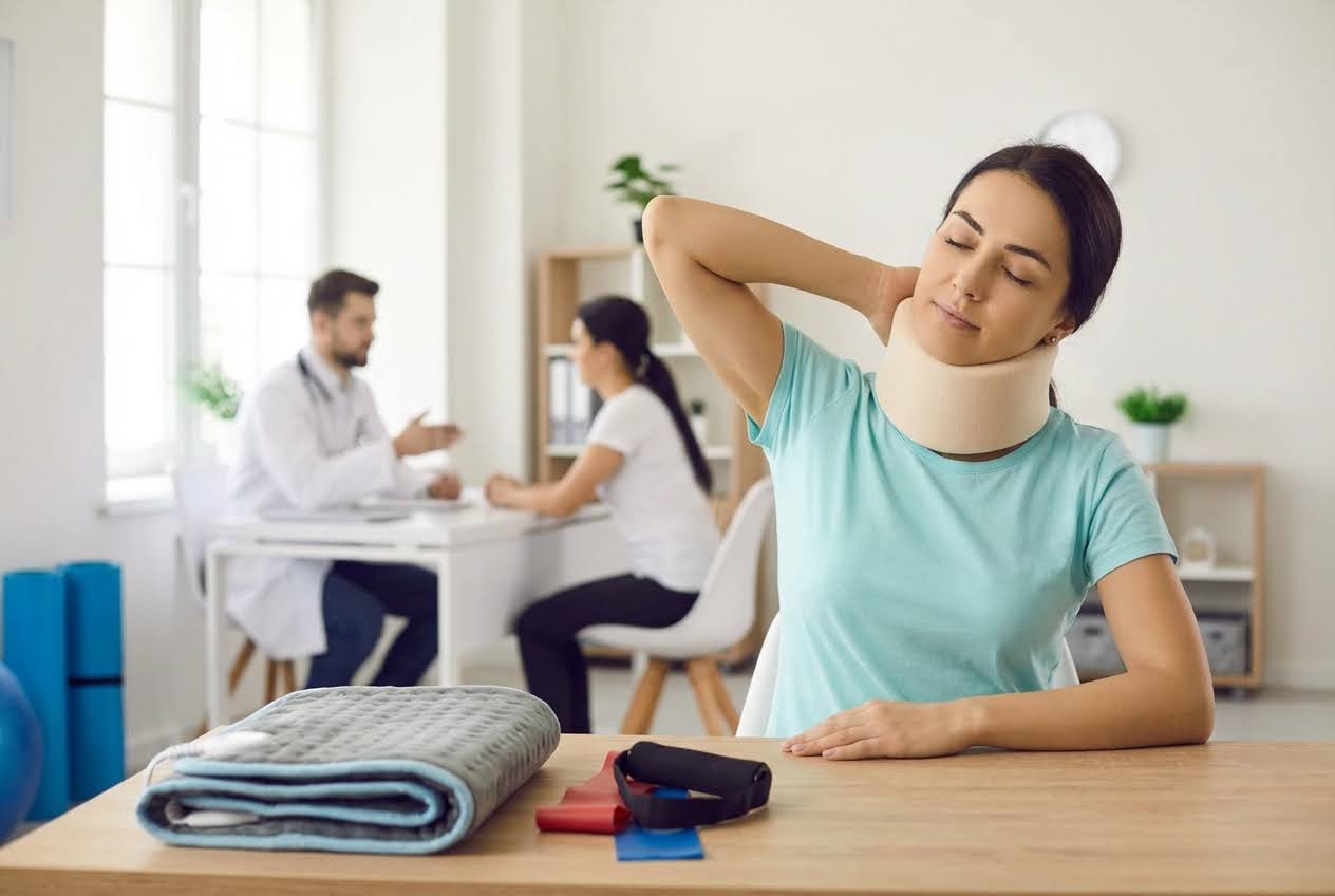 Woman in neck brace with eyes closed, touching her neck, with a heating pad and resistance bands on a table