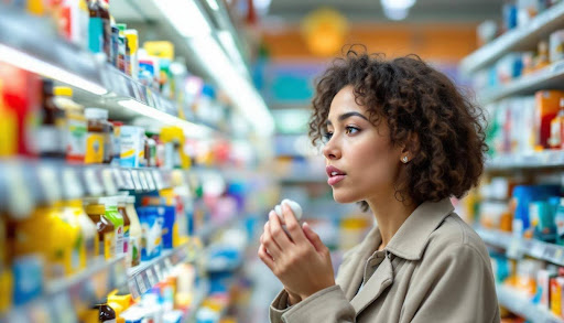 Woman in pharmacy shopping for cough medicine