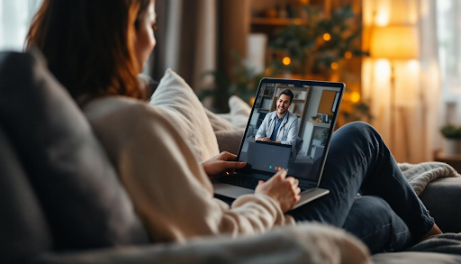 Woman on telehealth video call with Doctor