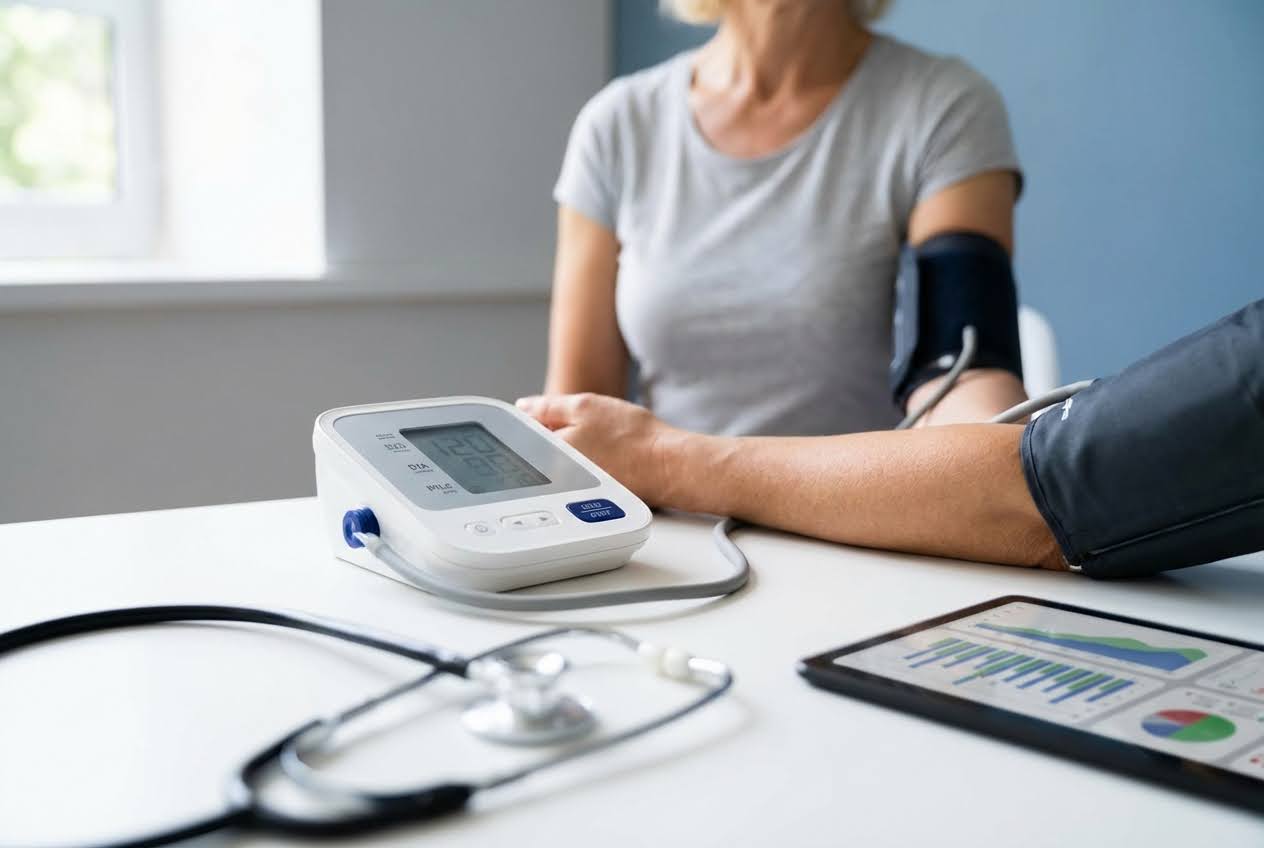 Woman's arm with a blood pressure cuff, a digital monitor displaying readings, a stethoscope, and a tablet with charts on a white table