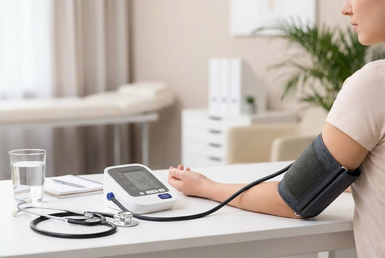 Woman's arm with a blood pressure cuff, connected to a digital monitor displaying readings, on a white table with a stethoscope and water.