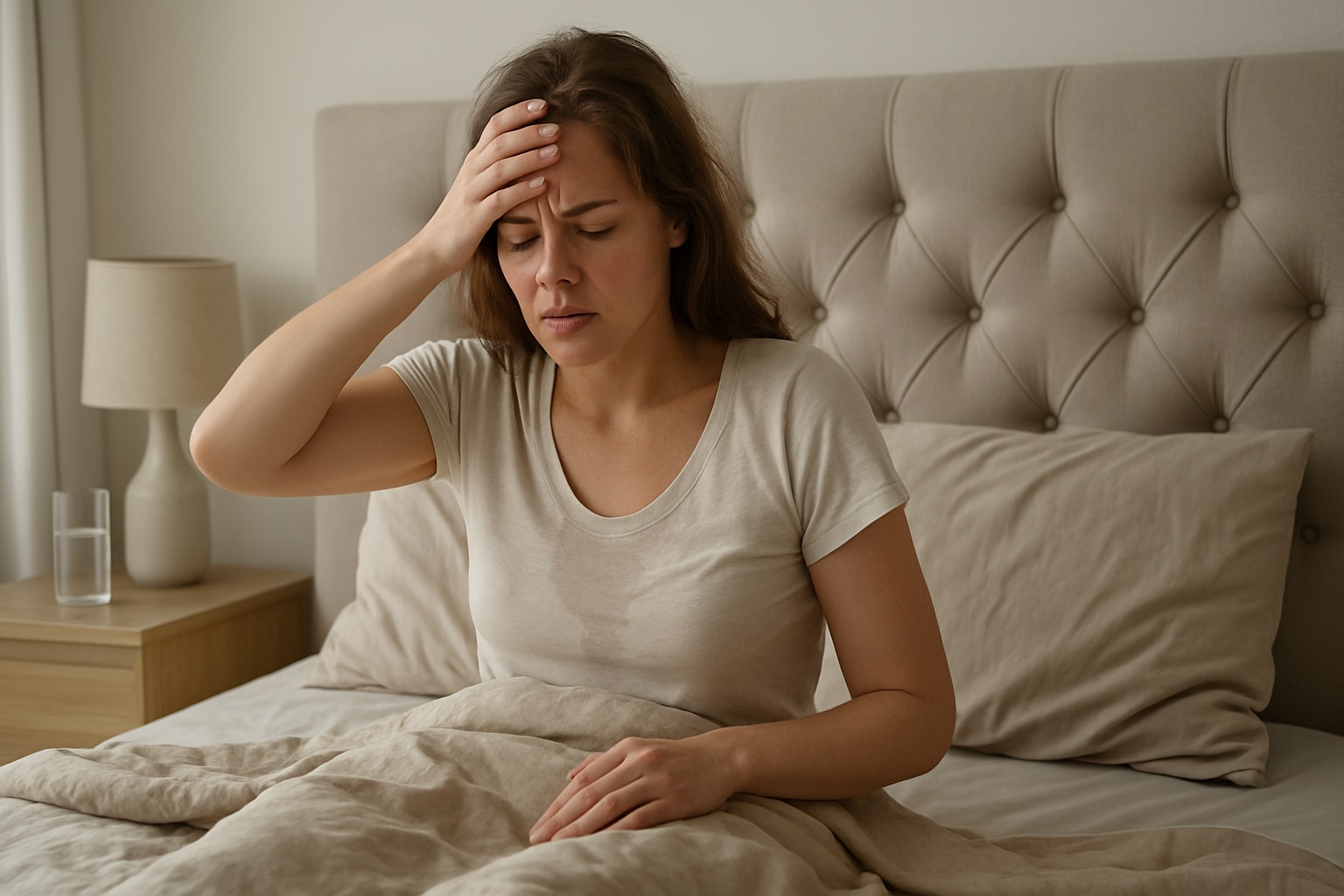 Woman sitting up in bed, looking distressed and sweaty, holding her head as if affected by night sweats.