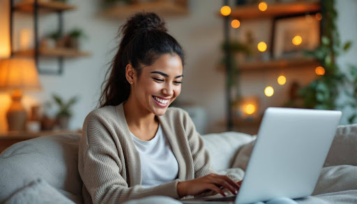 Woman smiling while using computer
