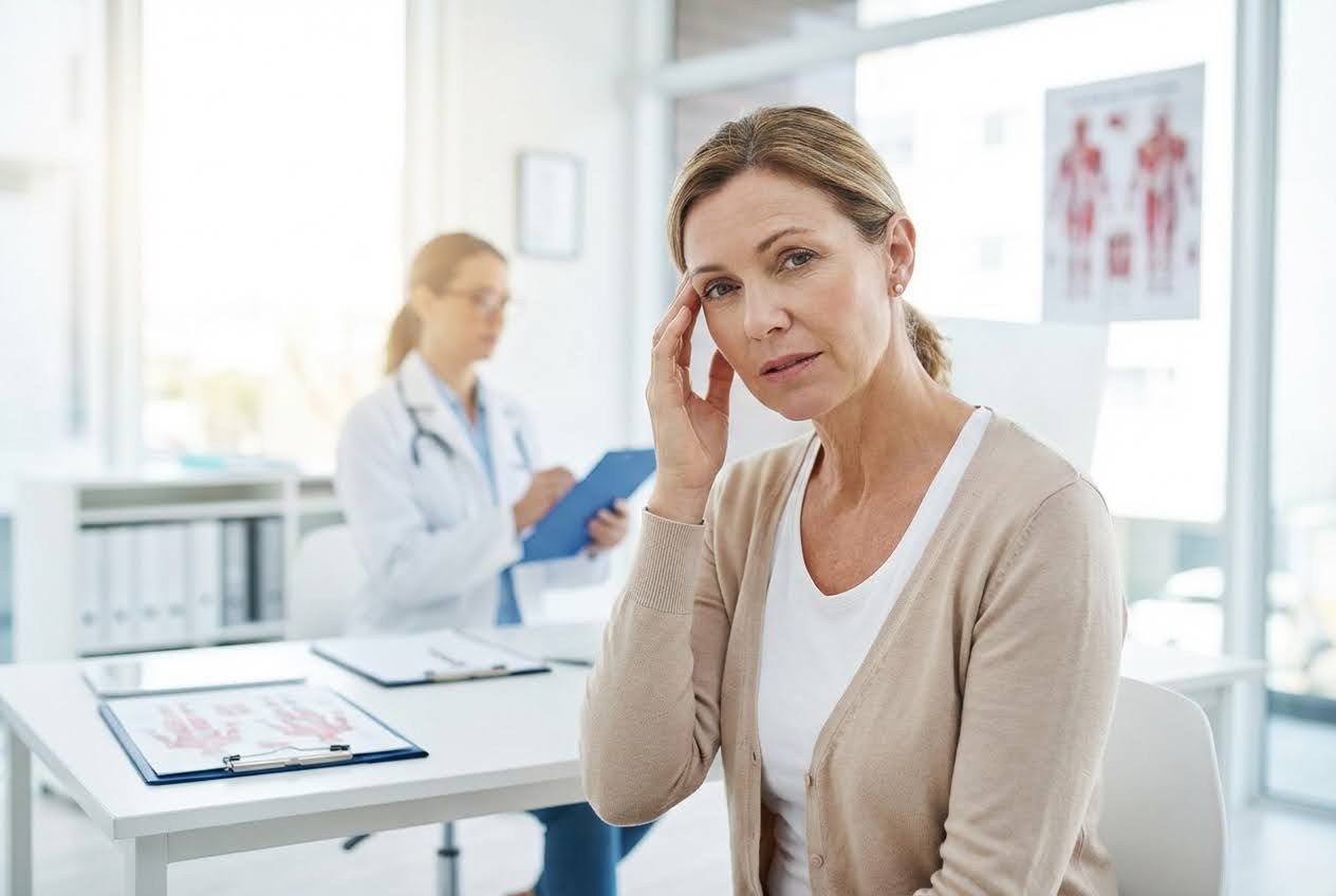 Woman with a concerned expression holding her temple, sitting in a doctor's office with a blurred doctor in the background.