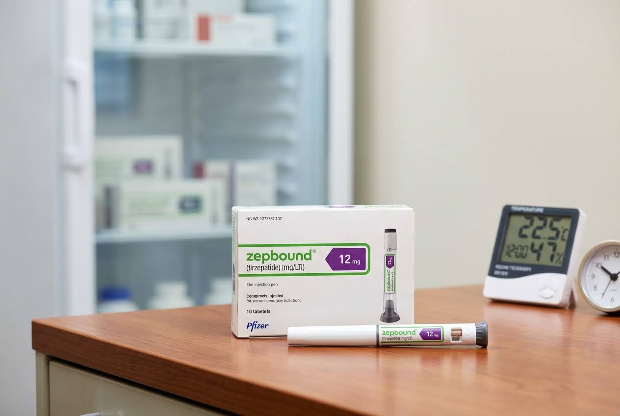 Zepbound box and injection pen on a wooden table with a digital thermometer and clock, a refrigerator in the background